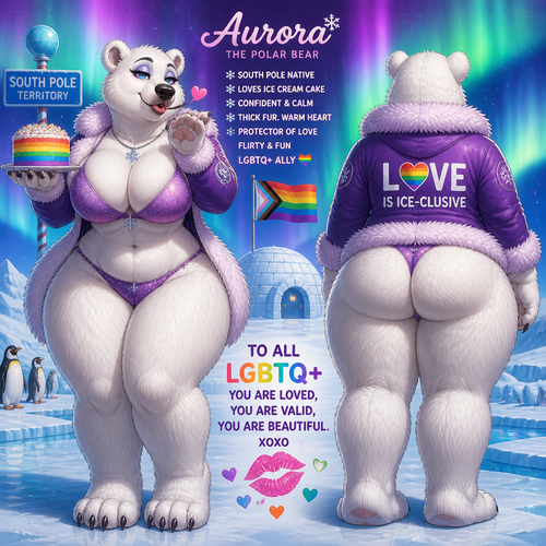 A busty well-made adult anthropomorphic polar bear female who lives in South Pole territory with a rainbow color ice cream cake on her paw. Has thick thighs and thick fur. Large looks. Front/back view. Calm and confident. Animated verse. Give a flirty look. Gives kisses sign to all LGBTQ+.