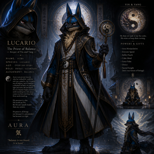 A well-made Pokemon male character, Lucario. A priest knows the balances both yin and yang not just religion. In anthro verse. Big and tall also very old but still tough. Wears a robe and a hoodie. So serious and mature. So brave and caring. In a name of aura. 