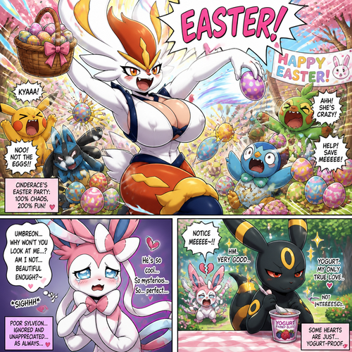 A busty well-made fluffy female Pokemon character, Cinderace. Who celebrates on today’s Easter Day and shouts, EASTER! And wrecking up a place like a crazy party gal while she knocked other terrified Pokemon by throwing eggs at them but A cute but creepy but a gay male Sylveon just as sad and irritating about being ignored by a male Umbreon while eating a healthy yogurt distracted and appreciated. All well-made characters. A dramatic and a funny comedy show. A comic views. Spring season. No mistakes.