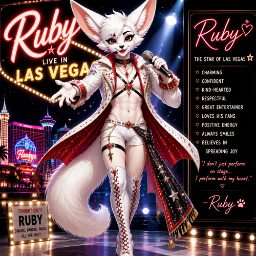 A well-made white furred fennec Fox male named Ruby, wears something attractive for entertainment for a show by self to dance/sing. Wears eyeliner and lipstick. Has a bushy tail. A grown femboy anthro. A star in Las Vegas. Well groomed. Front view. Animated verse. Has good personality.