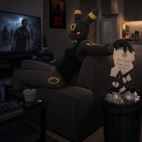 In a anthro Pokemon universe. A grown non-rich Umbreon male who lives in a apartment alone who’s ripped the envelope that says; your invited to dating contest live show; from the grown wealthy Sylveon male (the Barron) and then put it on a trash while continues to watch a zombie horror movie on television. A well-made animated modern life version.