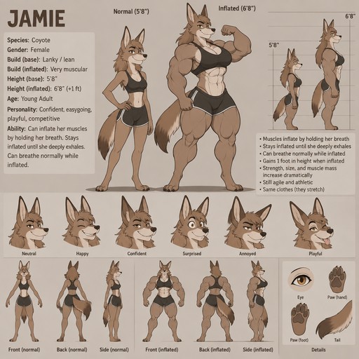 A lanky female anthropomorphic coyote named Jamie who can inflate her muscles by holding her breath, stays inflated until she deeply exhales, can breathe normally when inflated, grows a foot when inflated, eference sheet, animated style