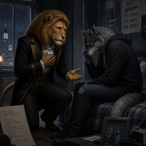 A (well-made grown anthropomorphic male character) rich Barron a Lion with a sad look that wears whatever he wears who came to see a unhappy non-rich despair but a broken hearted anthro male grey Wolf for an apology for how he’s sorry and tell him he loves him and says his feelings for him because he’s gay.