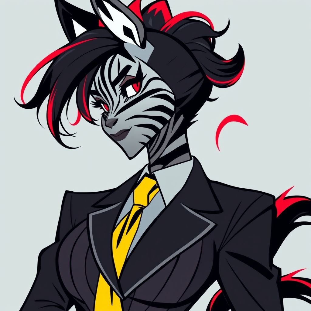 female Zebra with black chopstick hair in bun (red highlights) , husky tail , curvy business suit yellow tie