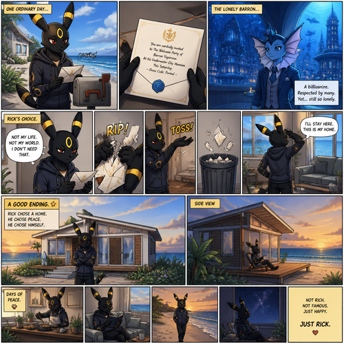 A non-rich grown Umbreon male (named Rick) got the envelope of a billionaire Vaporeon (the lonely Barron) welcoming party at the underwater city mansion from a mail. Decided to rip and toss the pieces of the envelope at the trash can and stay at home. Chooses a home. Lives on a small modern house at the beach. Well-made animated version. A good ending. A anthropomorphic verse. Front and Side view. A comic.