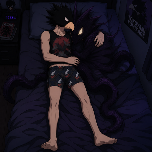 Tokoyami Fumikage wearing Darkrai themed boxers and Zoroark themed sleeveless shirt. He is sleeping on his back in his bed, cuddling with his quirk, Dark Shadow. Anime art style, solo, full body.