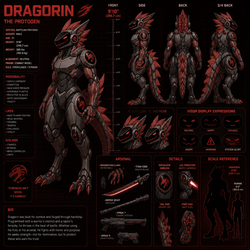 A young light red male raptilian protogen that’s mostly machine. Reference sheet, height of 9 foot 10 inches, likes hand to hand fighting and weapons. Has the name of Dragorin. Anime art style.
