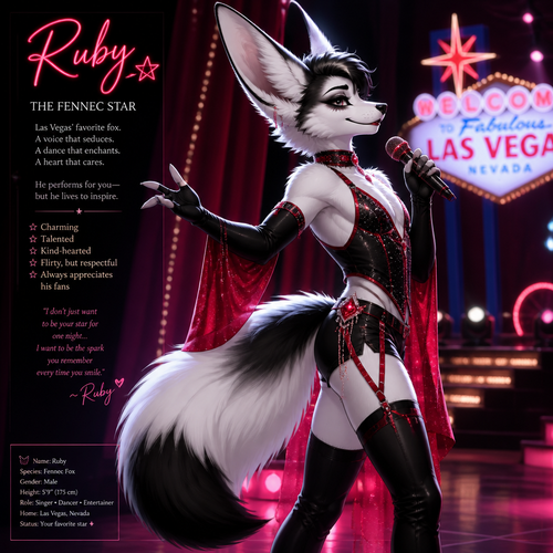 A well-made Black/white furred fennec Fox male named Ruby, wears something attractive for entertainment for a show by self to dance/sing. Wears eyeliner and lipstick. Has a bushy tail. A grown femboy anthro. A star in Las Vegas. Well groomed. Side view. Animated verse. Has good personality.