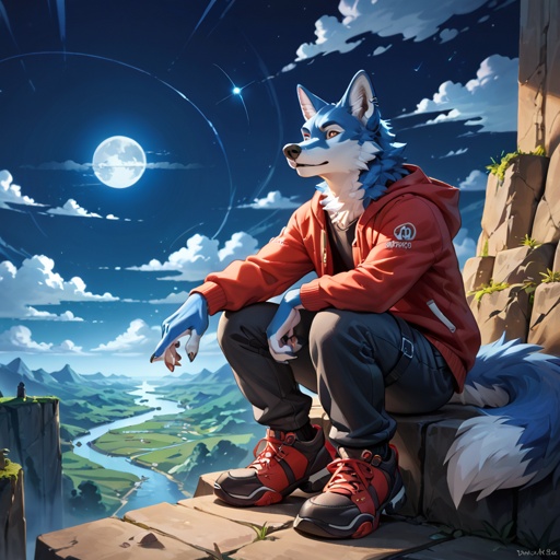 A red wolf in a hoodie and tech pants with straps sitting on the edge of a cliff and has gold tattos. Make it night time with a arora