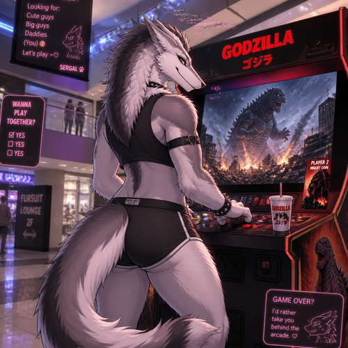 A femboy grown male Sergal with fluffy fur and buttocks also wears shorts. Enjoying playing Godzilla game at the arcade inside the modern style mall. Animated version. Likes guys. Being kinky and attractive. Wears eyeliner. Back view.