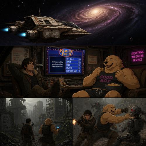 In a lone galaxy, a well-made animated version. In a spaceship, a human pilot/scavenger, and his best friend a thick homosexual anthro gay golden retriever with floppy ears. Both finding themselves on a scavenging hunt and knows how to defend themselves from any threats even some robots. In an abandoned planet unknown in a concrete jungle. And watching Family Feud on a telegraphic flat screen while on break.