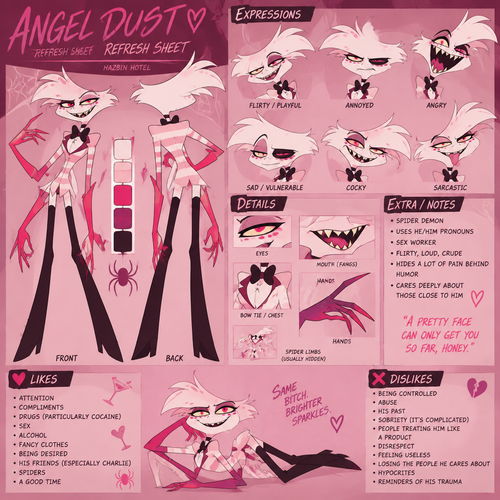 Angel Dust from Hazbin Hotel, refresh sheet, shows his likes and dislikes