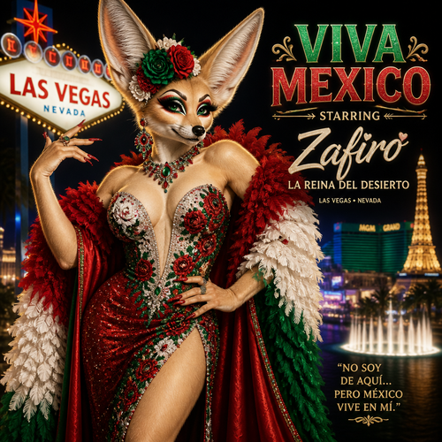 A well-made grown homosexual anthro Fennec Fox as a drag queen a star of Las Vegas for Viva Mexico.