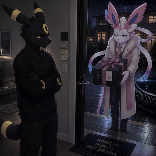 An unhappy well-made Pokemon adult male character, Umbreon that wears a black sweater, wasn’t rich but lives in a modern life. standing inside of his house with a door open, sees an adult billionaire male Sylveon standing outside, and a sad look who’s offering a gift with ribbons on it for an apology. A anthropomorphic verse. 