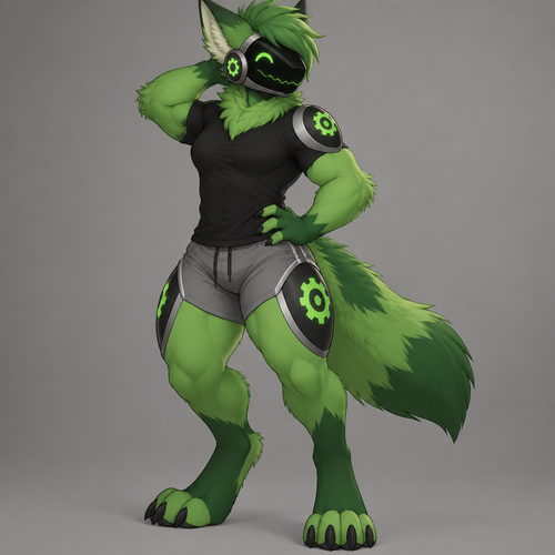 Character: An anthropomorphic Protogen with green fur, dark green virtual eyes, and green hair, featuring a gear symbol on the ports on its thighs and shoulders; it has an athletic build and a mature, cheerful presence. It is wearing a black shirt and gray shorts.

Setting: A simple background.