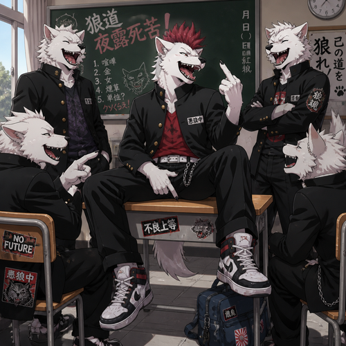 A middle school aged delinquent white male dire wolf wearing a gakuran with a crimson spiked mohawk. He is sitting on a desk in the classroom surrounded by his friends, making adult gestures and laughing at a crude joke. Anime art style, full body.
