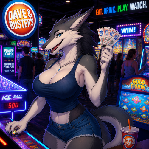 A well-made busty female adult Sergal is inside the Dave’s and Busters arcade in a mall, and having a good time. Animated version.