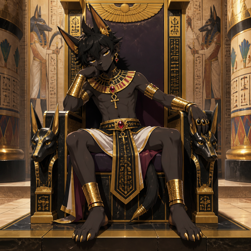 A middle school aged male anthropomorphic jackal wearing an Egyptian prince outfit with gold bracers, ruby earrings, and obsidian rings but no shirt. He is sitting on a throne bored. Anime art style, full body.