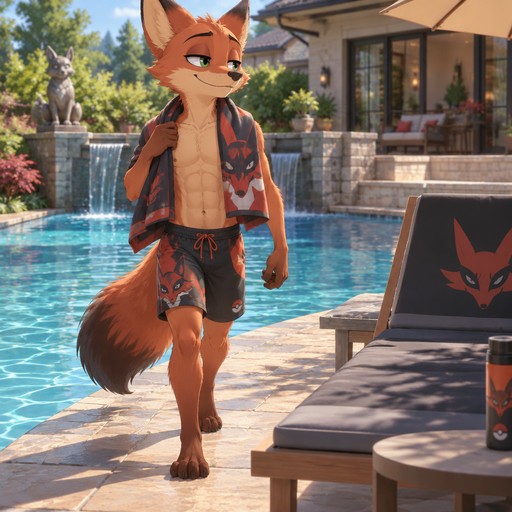 A middle school aged Nick Wilde wearing a Nickit themed swimsuit, showing off a 8 pack of abs, a Thievul themed towel around his neck. Walking along the pool behind his house to his favorite pool chair. Anime art style, solo, full body.