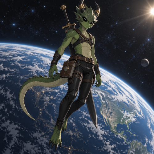 A middle school aged green scaled male dragonoid with insect chitin covering his head, 2 inward curving horns, black eyes, wearing a leather harness, tight black leather pants, gold coverings on parts of his horns, a great sword on his back, and a leather bound journal hanging on the right side of his waist. He is floating in outer space above a planet that closely resembles Earth. Anime art style, solo, full body.