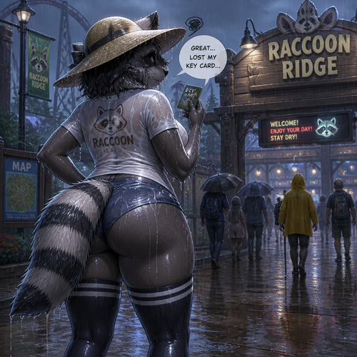 A well-made adult matured anthro female Raccoon character that wears a sun hat and a T-shirt who lost her key card unhappily annoyed. Has thigh highs and boobs. On a rainy day at the themed park. Well-animated version. All wet. Back view.
