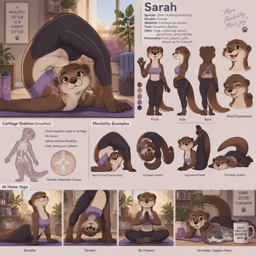 A female anthropomorphic otter named Sarah, has a skeleton made of cartilage making her EXTREMELY flexible, is flexible enough to bend in half backwards, is at home doing yoga, reference sheet