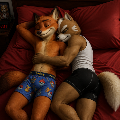 Nick Wilde wearing Pokémon style boxers sleeping on a big bed with red sheets. Sleeping next to him is his boyfriend Fox McCloud wearing tight black boxers and a white sleeveless shirt.