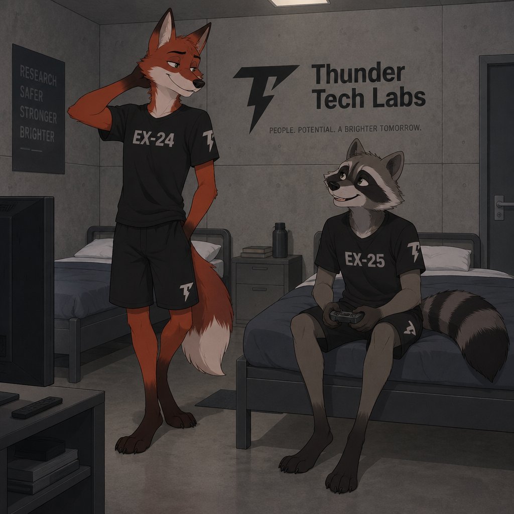 A lanky male anthropomorphic fox with red fur named Sprinter wearing a black T shirt with EX-24 on it and black shorts and a lanky male anthropomorphic raccoon named Oliver wearing a black T shirt with EX-25 on it and black shorts in a room in a lab together, the lap is “Thunder Tech Labs” and has the logo on the sleeves of their shirts and their pants legs, the room is a basic concrete room with two beds and a tv so that they are not bored, animated style
