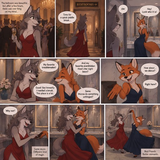 A multi panel comic about a female anthropomorphic wolf who is in a ballroom in a red dress and leaves to go piddle and runs into her fox best friend in a navy blue dress in the bathroom, after talking for a bit they start dancing together in the bathroom, animated style