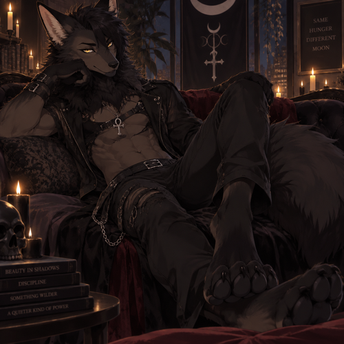 Male, black maned wolf, Toned, Golden eyes, digitigrade footpaws, four toes, anime style, goth, lounging
