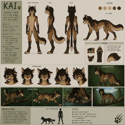 A teenage male anthropomorphic cat and dog hybrid who lives in the forest as a wild animal, reference sheet, animated version 