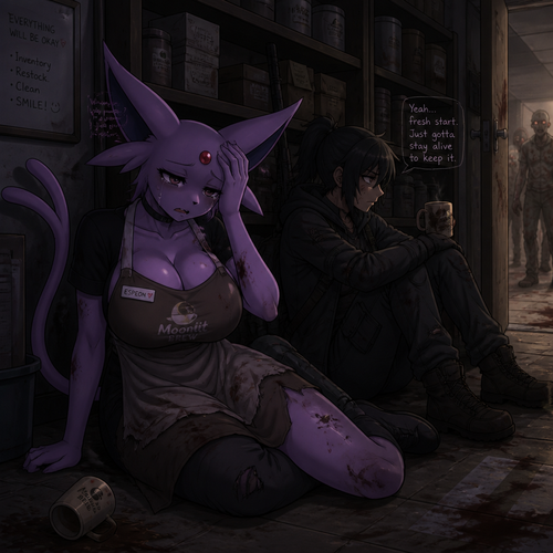 A scared grown busty female Espeon that wears a apron and used to overworked inside of a coffee shop but now a survivor despite the fresh start of a outbreak of zombies, sitting next to a survivor on a floor, acting all hopeless and tired. Animated version. Safe enough in a pantry.