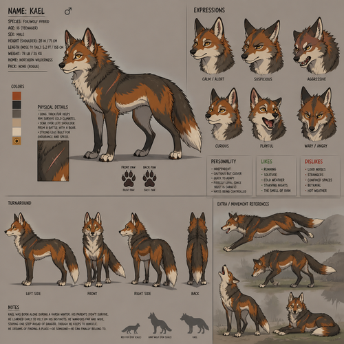 A teenage male fox and wolf hybrid that lives in the wild, quadruped, reference sheet, animated version 