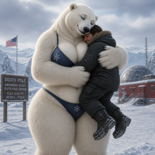 A busty well-made lovely anthro female polar bear that has thick thighs and thick fur who lives in a South Pole. Picks up a man and Giving him a gentle bear hug for warmth while standing.
