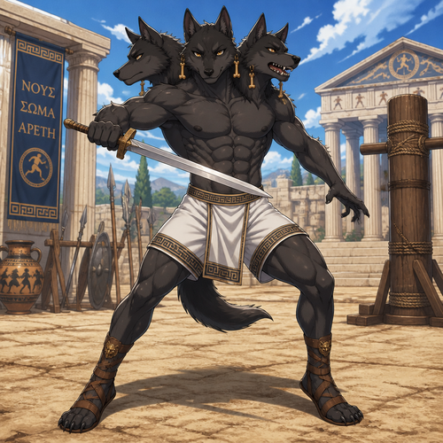 A high school aged male anthropomorphic Cerberus wearing Greek inspired white shorts, shirtless showing off a 16 pack of abs, Greek sandals, and golden bone earrings. He is in a Greek training grounds practicing his sword work. Anime art style, solo, full body.