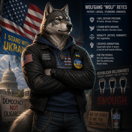 A well-made anthro Wolf male character who is brave and the stubborn liberal one from the US who supports Ukraine 🇺🇦 from a Russian invasion and despise the corrupted republic billionaires.