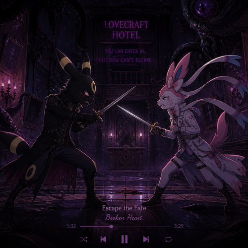 The two well-made anthropomorphic grown male characters, A Umbreon and a Sylveon who’s been fighting and arguing each other with a sword’s battle. A sad broken relationship. Inside the cursed building that is easily a trap, the Lovecraft Hotel and it’s more than just haunted. Anger and sadness including frustration. Animated version. Side view. Wears different clothing and gear. Music playing, Escape the fate; Broken Heart.