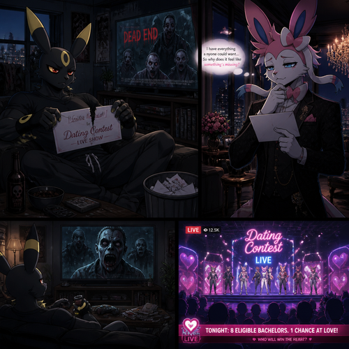 In a anthro Pokemon universe. A grown non-rich Umbreon male who lives in a apartment alone who’s ripped the envelope that says; your invited to dating contest live show (Much like on a date challenge); from the grown wealthy Sylveon male (the Barron) and then put it on a trash while continues to watch a zombie horror movie on television, while the Barron just wanted a boyfriend and to love while feeling something is missing and don’t know what it is while the live show starts (sadly or is) for where is. A well-made animated modern life version.