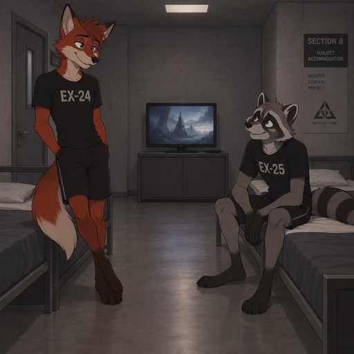 A lanky male anthropomorphic fox with red fur named Sprinter wearing a black T shirt with EX-24 on it and black shorts and a lanky male anthropomorphic raccoon named Oliver wearing a black T shirt with EX-25 on it and black shorts in a room in a lab together, the room is a basic concrete room with two beds and a tv so that they are not bored, animated style