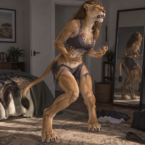 female, lioness, mid-transformation, digitigrade, face pushing out painfully, full-body view, realistic, anthro, no human ears