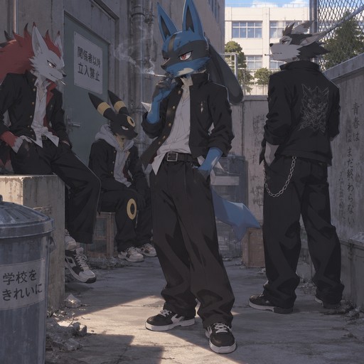 A high school aged male Lucario wearing delinquent outfit. He is behind the high school, smoking a cigarette with his friends. Anime art style, full body.