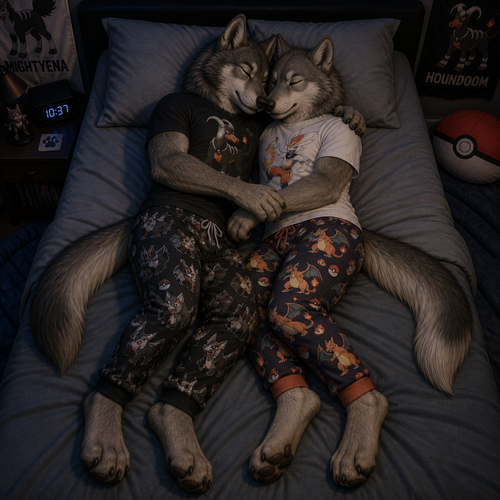 Young twin male dire wolfs sleeping on a bed cuddling together. One dire wolf is wearing mightyena theme pajama pants and a houndoom theme shirt. The other dire wolf is wearing Charizard theme pajama pants and Cinderace theme shirt. Full body