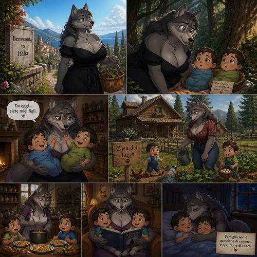 A well-made thick and busty adult anthropomorphic grey Wolf (female character) in Italy, who sees two baby boys (the twins) and decides to adopt them. Lives in a farm land alone in the woods. Animated version.