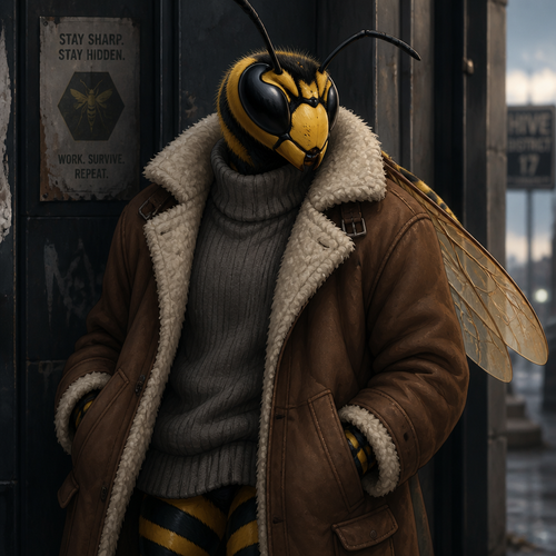 A anthro wasp wearing a thick brown coat (with white fluff on the inside),and a gray sweater,