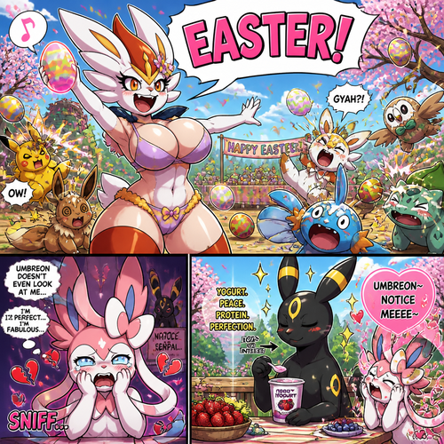 A busty well-made fluffy female Pokemon character, Cinderace. Who celebrates on today’s Easter Day and shouts, EASTER! And wrecking up a place like a crazy party girl while she knocked other Pokemon by throwing eggs at them but A cute but creepy but a gay male Sylveon just as sad and irritating about being ignored by a male Umbreon while eating a healthy yogurt distracted and appreciated. All well-made characters. A dramatic and a funny comedy show. Animated views. Spring season. No mistakes.