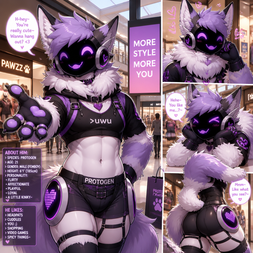 A kinky well-made fluffy grown femboy male Protogen at the mall being friendly and likes you. Animated version. 