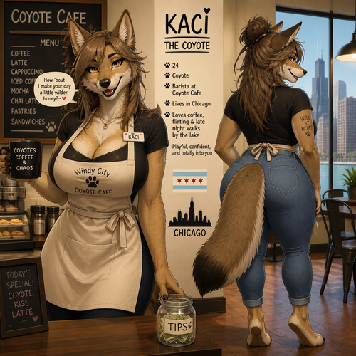 A busty grown female coyote that wears a apron and works at the cafe. Very well-made animated version. In a modern life. Lives in Chicago. Friendly and flirty. Front/Back view. 