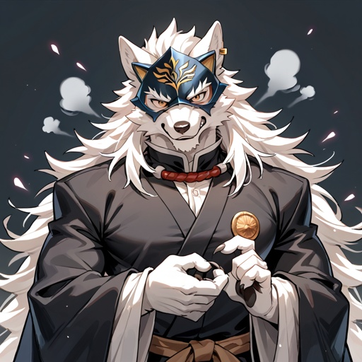 A male furry wolf demon slayer with wolf breathing has two different eye colors one gray and one brown and has a wolf mask 