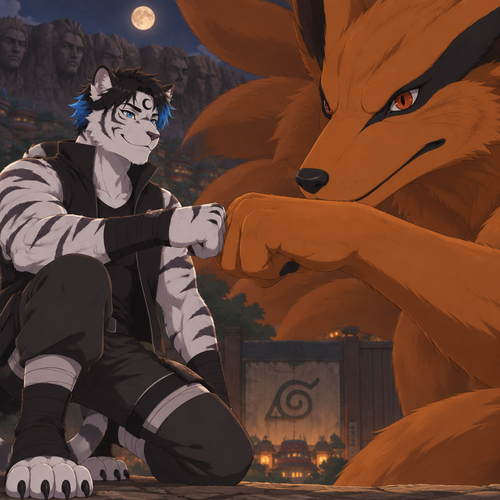 male, anthro, white tiger, short black hair with bright blue tips, black crescent on forehead, blue eyes, digitigrade footpaws, Kurama, Naruto, fist bump