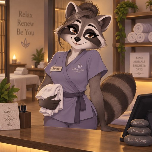 A female anthropomorphic raccoon named Booty, in her mid twenties, works at a spa, animated style